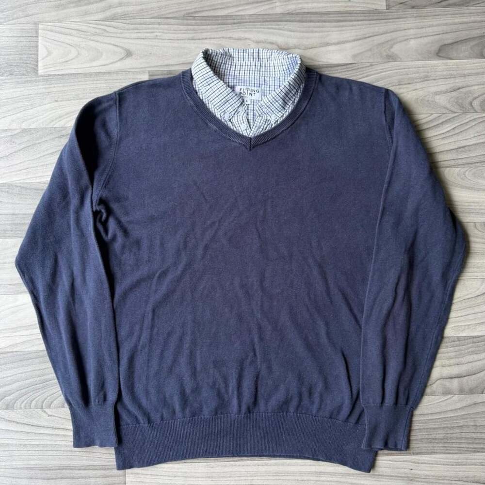 Flying Point Layered V-Neck Sweater Size L Blue Long Sleeve Shirt